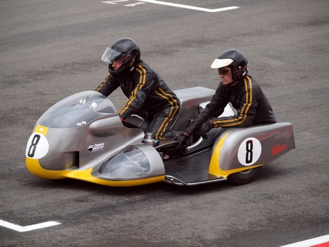 Moorespeed tuned racing sidecar, on the starting grid, ridden by Jon Perkins.